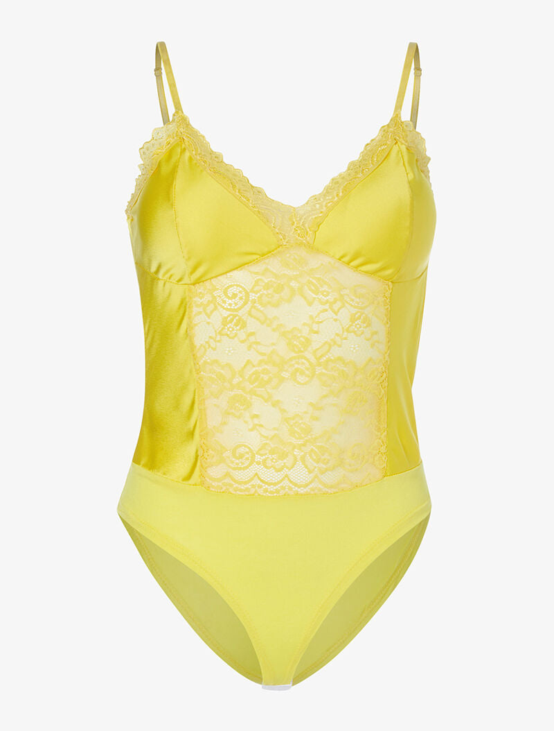 Body satiné à ventre dentelle - jaune - 1