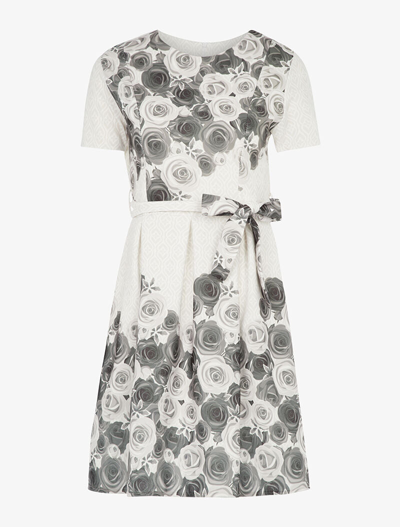Robe coupe patineuse à imprimé foulard et roses - beige/gris foncé - 1