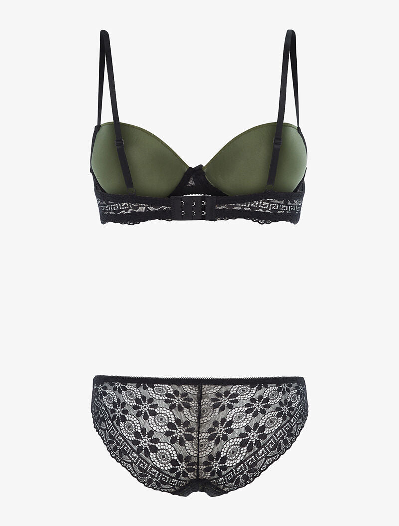 Ensemble à empiècements dentelle et tanga - kaki/noir - 2