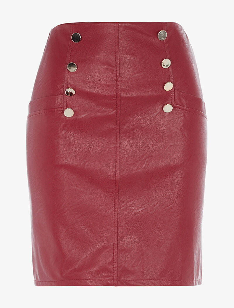 Jupe droite en simili et boutons décoratifs - bordeaux - 1