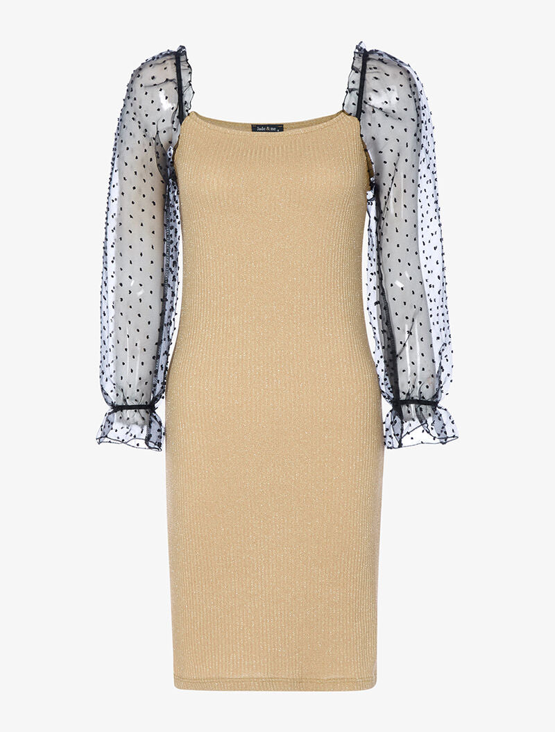 Robe côtelée pailletée à manches bouffantes en voile - beige - 1