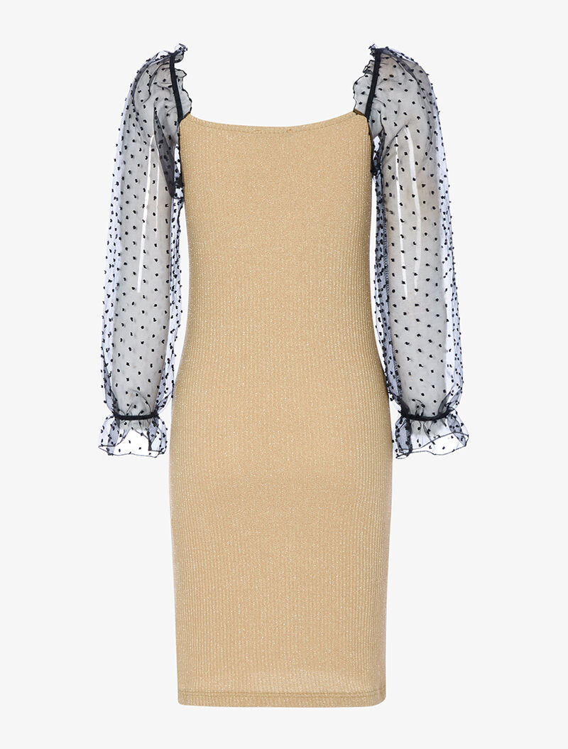 Robe côtelée pailletée à manches bouffantes en voile - beige - 2