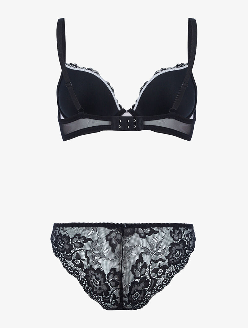 Ensemble satiné et dentelle fleurie - noir/rose poudré - 2