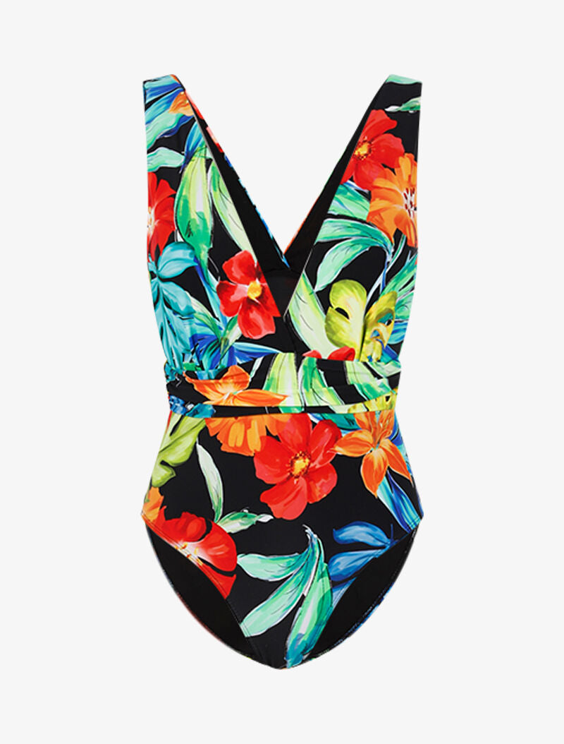 Monokini à bretelles larges et imprimé tropical - noir - 1
