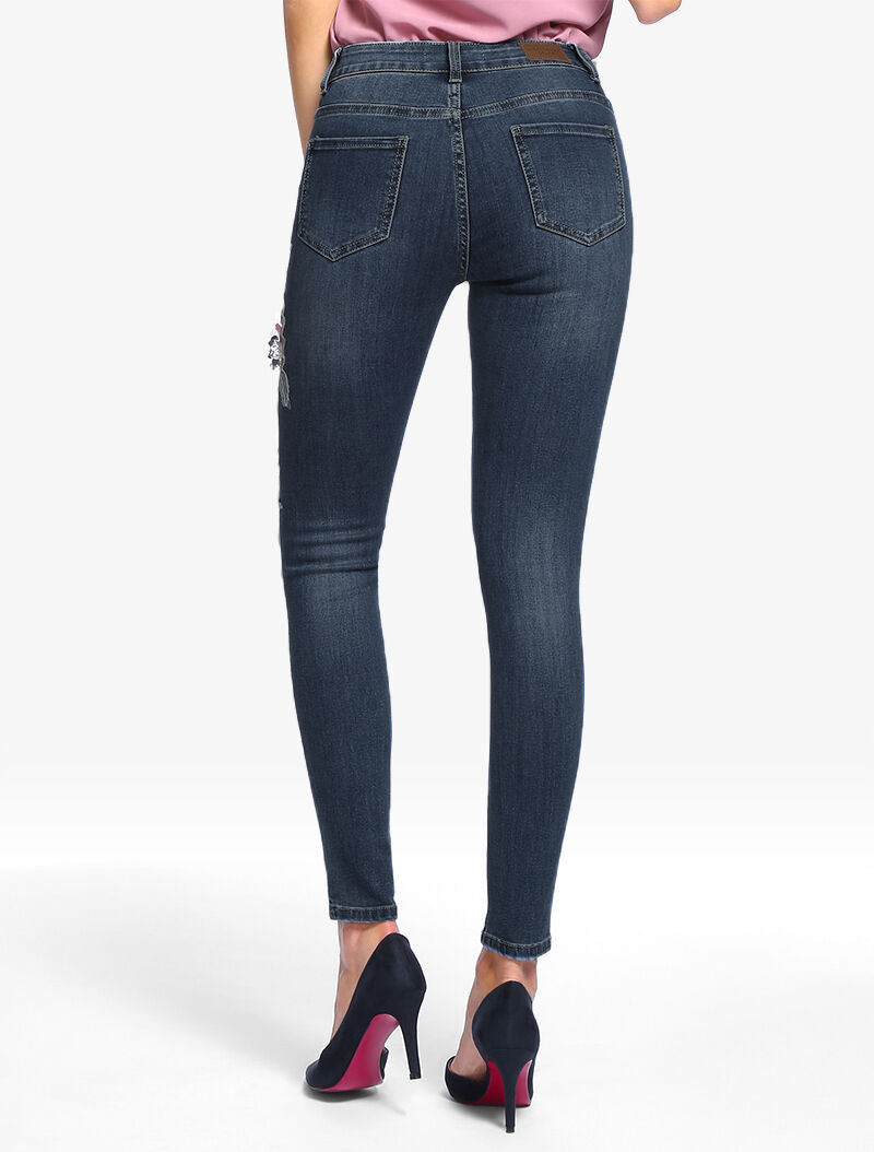 Jean 7/8 met bloemenstukken - raw denim