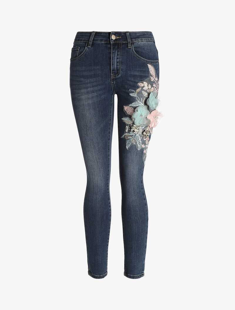 Jean 7/8 met bloemenstukken - raw denim