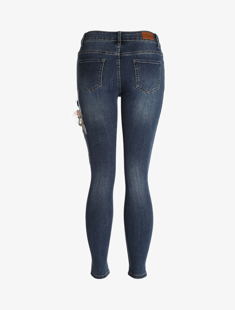 Jean 7/8 met bloemenstukken - raw denim