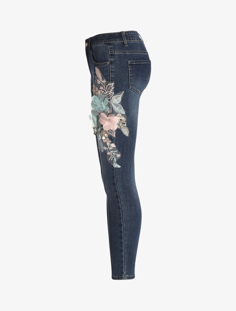 Jean 7/8 met bloemenstukken - raw denim