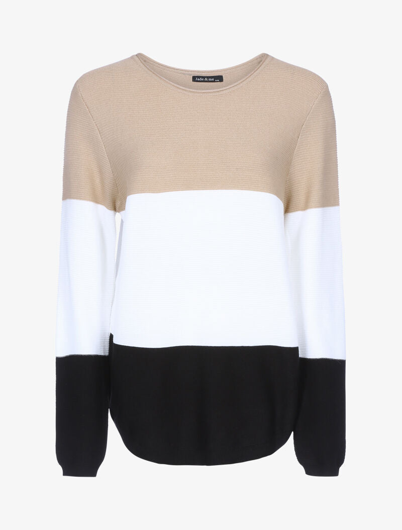 Pull en maille tricolore - camel/écru/noir - 1