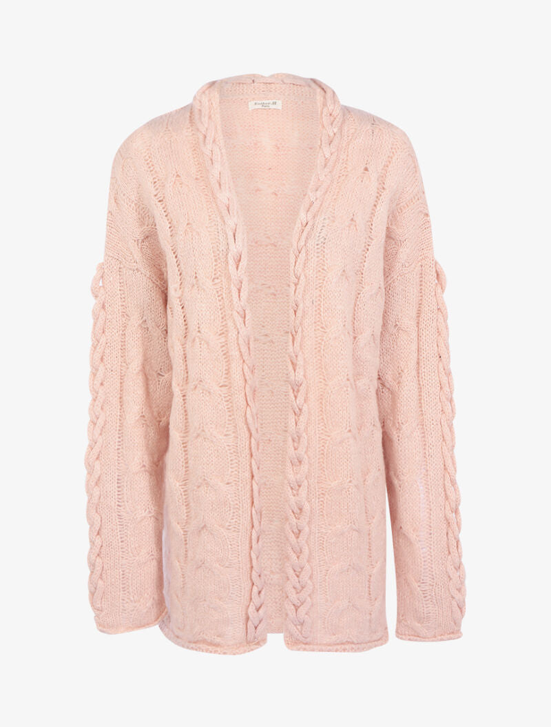 Gilet ouvert en maille tressée - rose - 1