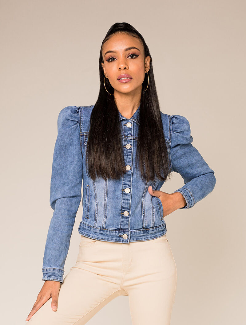 Veste courte en jean à manches gigots - bleu denim - 1
