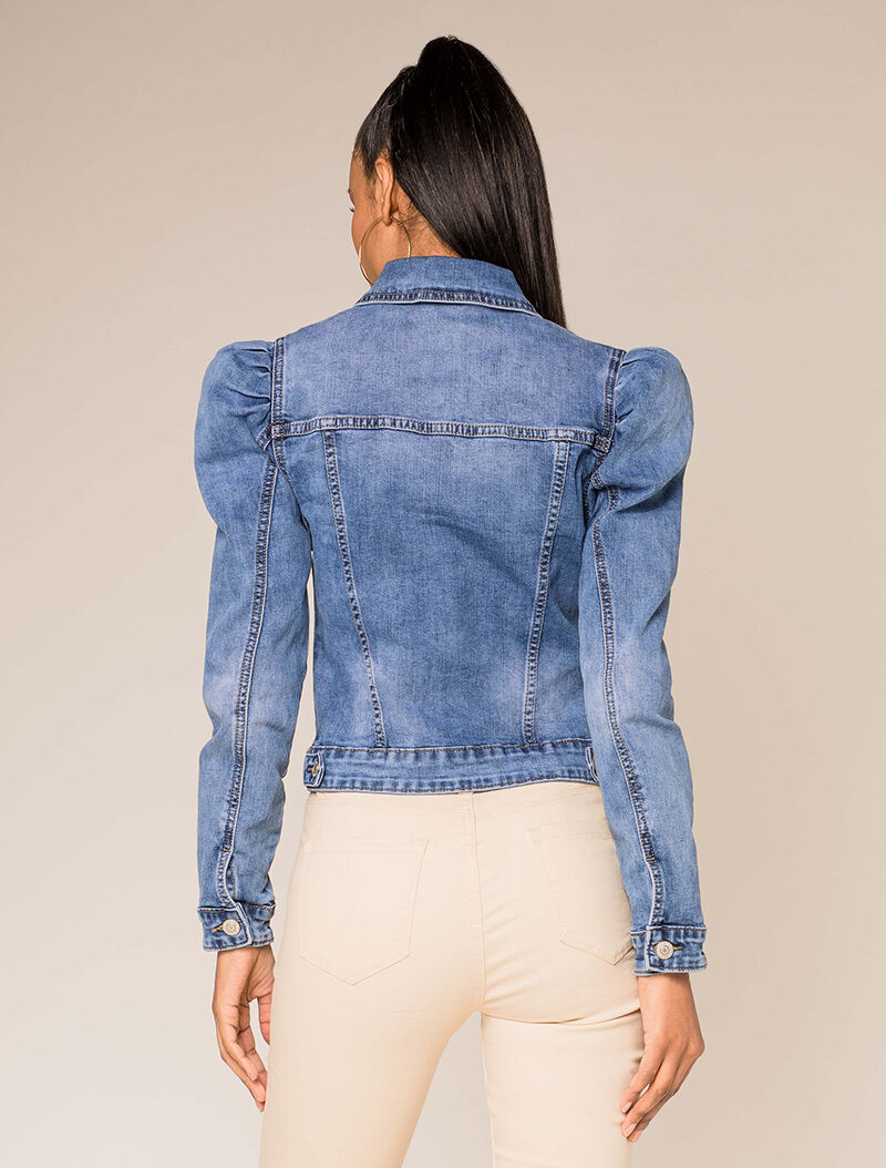 Veste courte en jean à manches gigots - bleu denim - 2