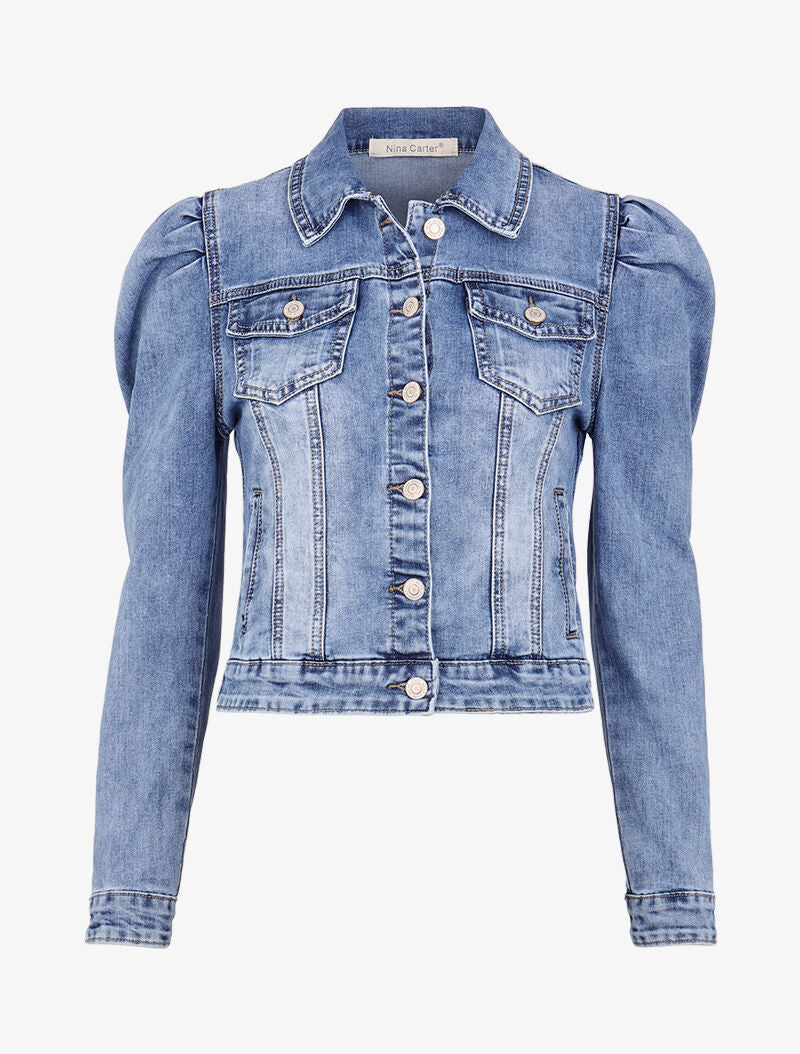 Veste courte en jean à manches gigots - bleu denim - 3