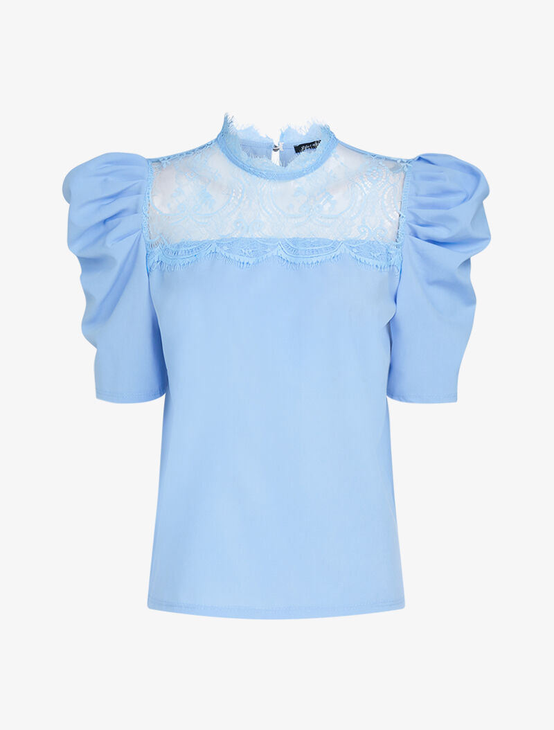 Top à détails dentelle et manches gigot - bleu ciel - 1