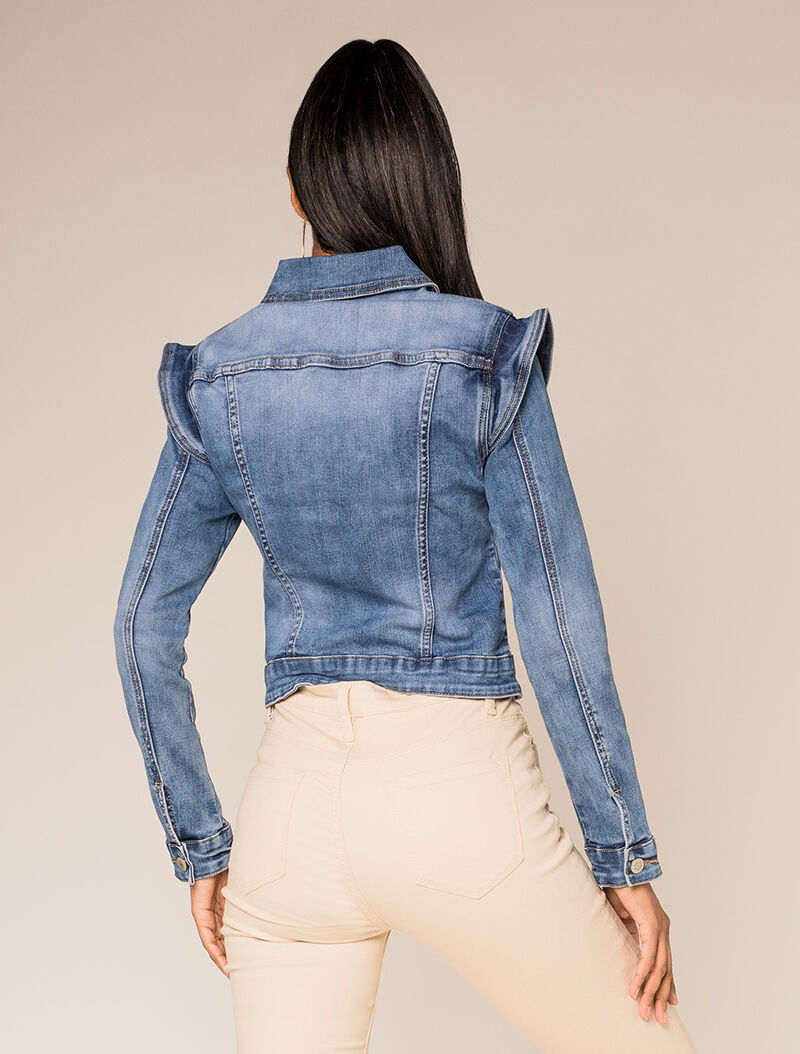 Veste courte en jean à empiécement mancherons - bleu denim - 2