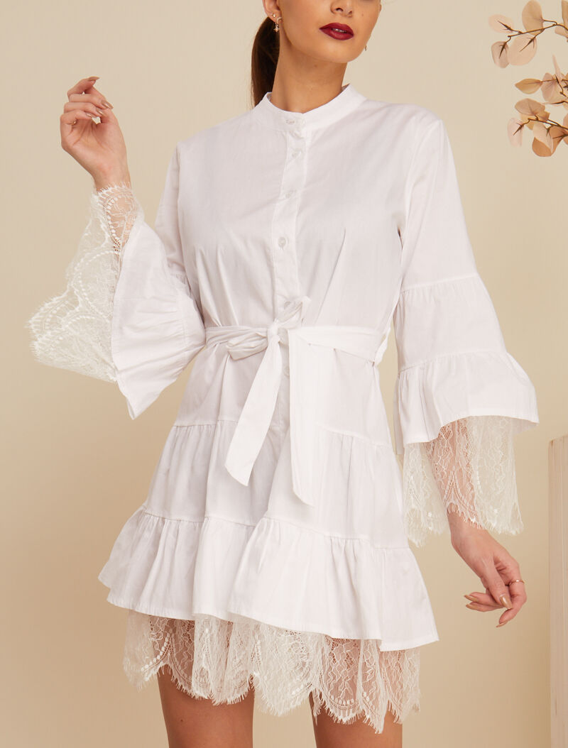 Robe trapèze à volants et dentelle - blanc - 1