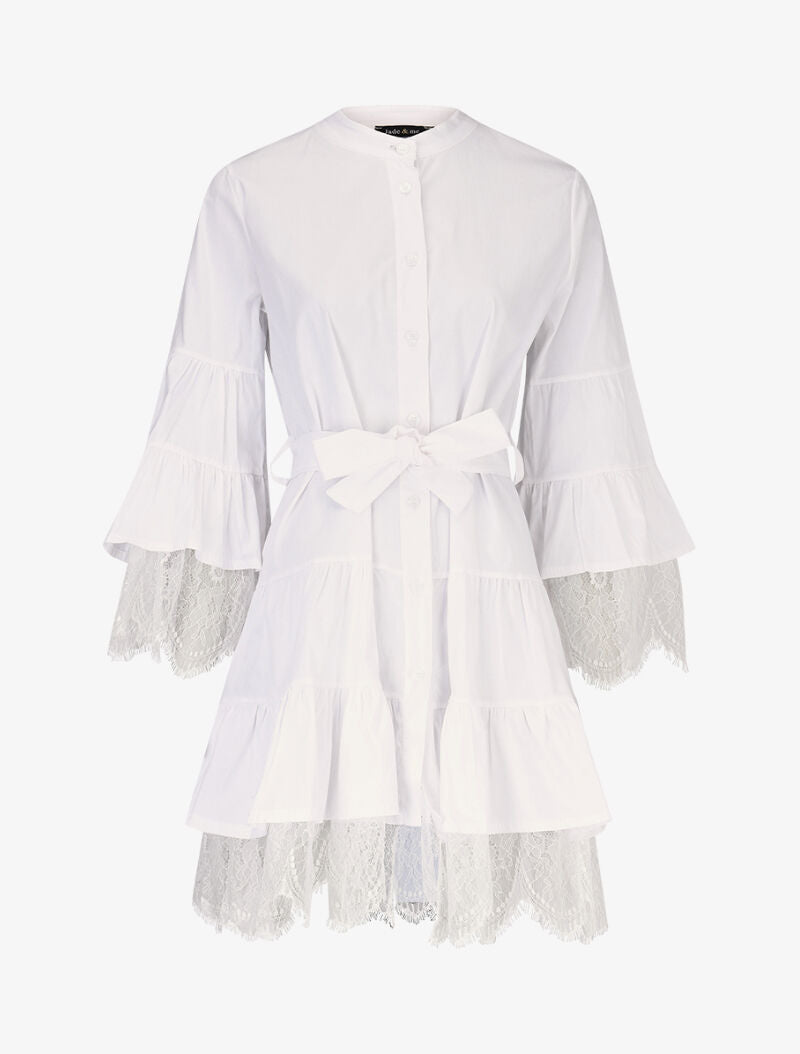 Robe trapèze à volants et dentelle - blanc - 2