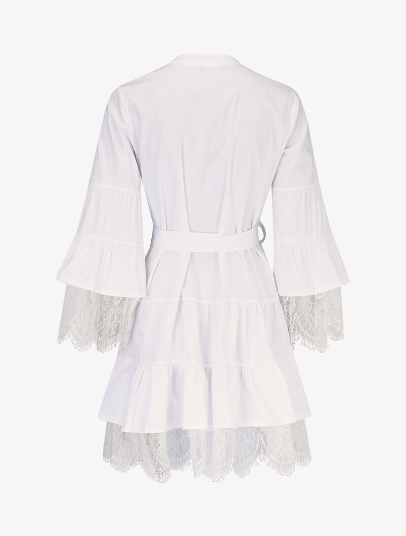 Robe trapèze à volants et dentelle - blanc - 3