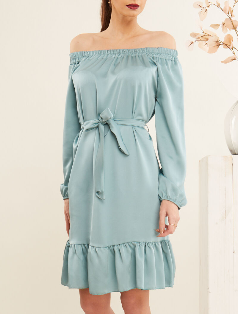 Robe satinée à bord volanté - turquoise - 1
