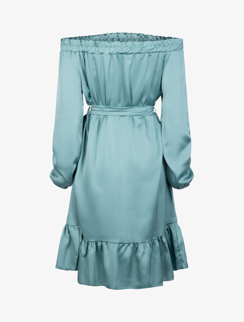 Robe satinée à bord volanté - turquoise - 3