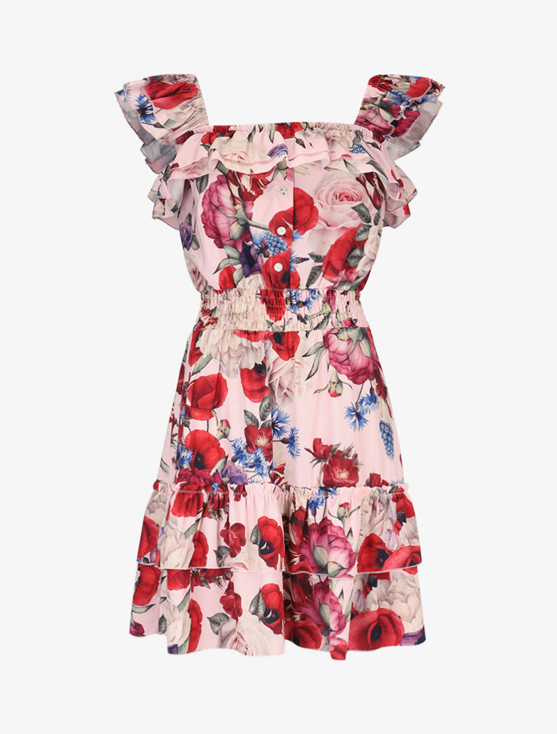 Robe fleurie à bretelles volantées - rose - 1