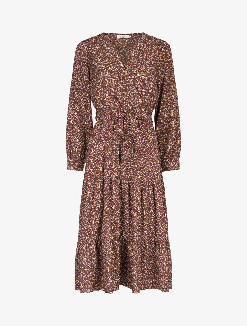 Lange jurk met bloemenprint en ballonmouwen met lamé bruin Inspee