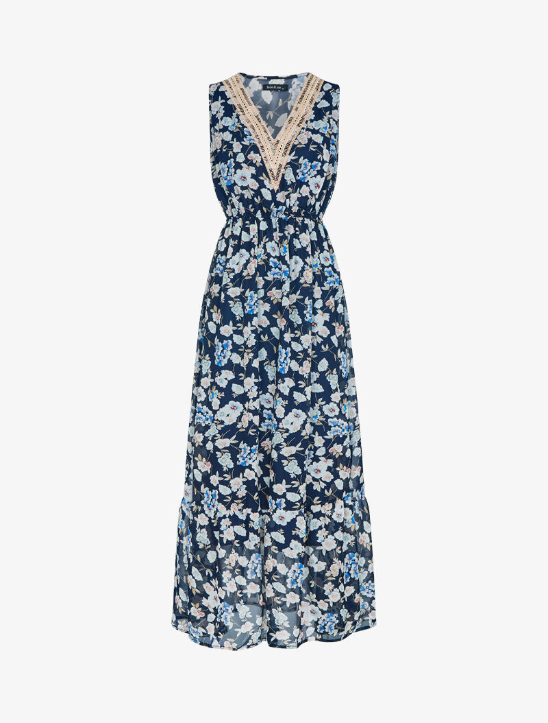 Robe fleurie à encolure V en crochet - marine - 1