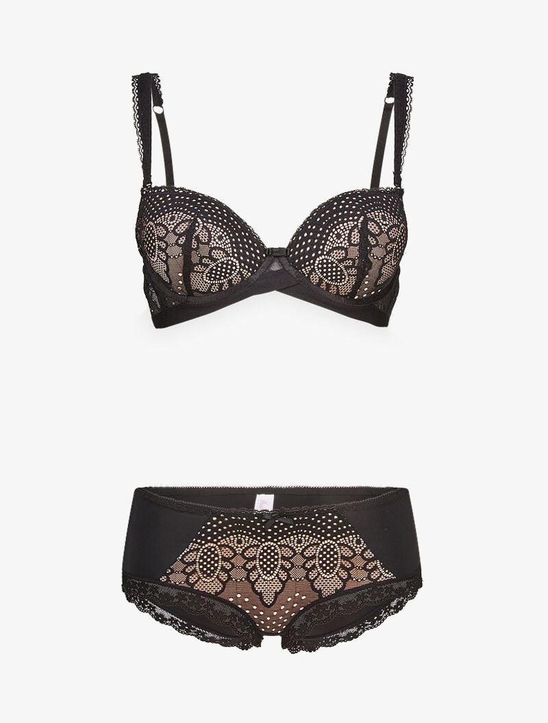 Ensembles à bretelles à bords dentelle et shorty ajouré - nude/noir - 1