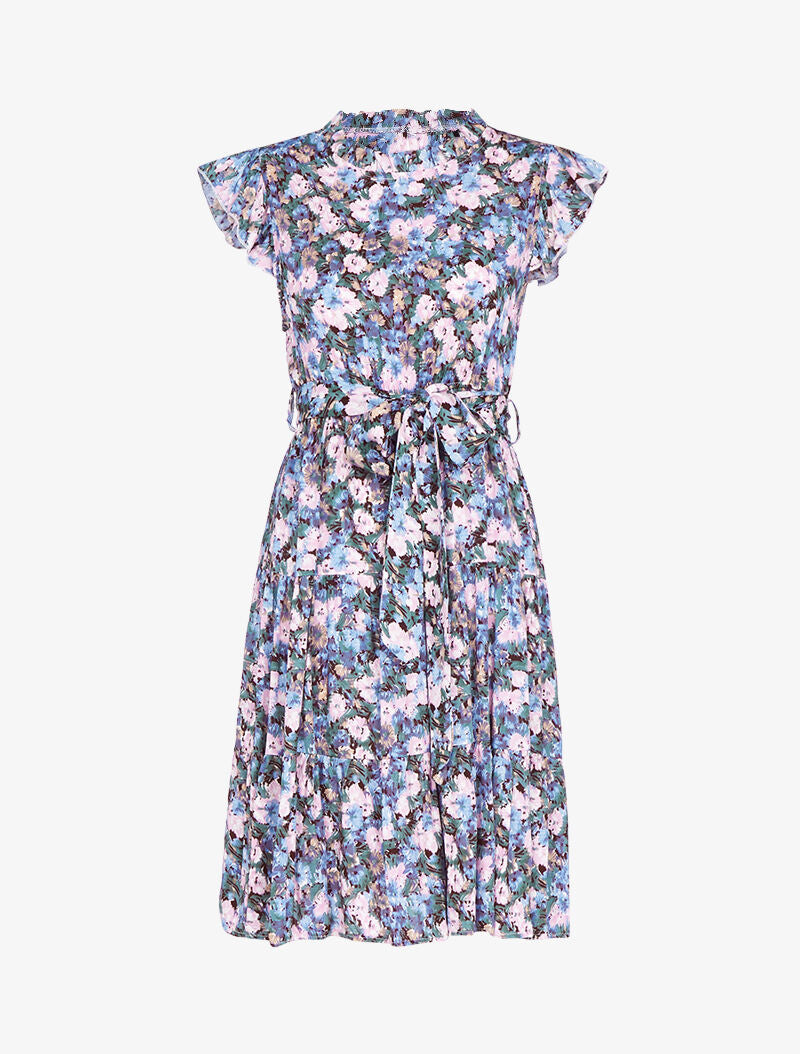 Robe fleurie à col montant volanté - bleu - 1