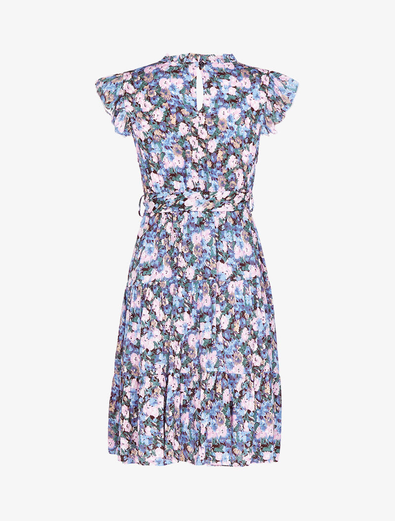 Robe fleurie à col montant volanté - bleu - 2