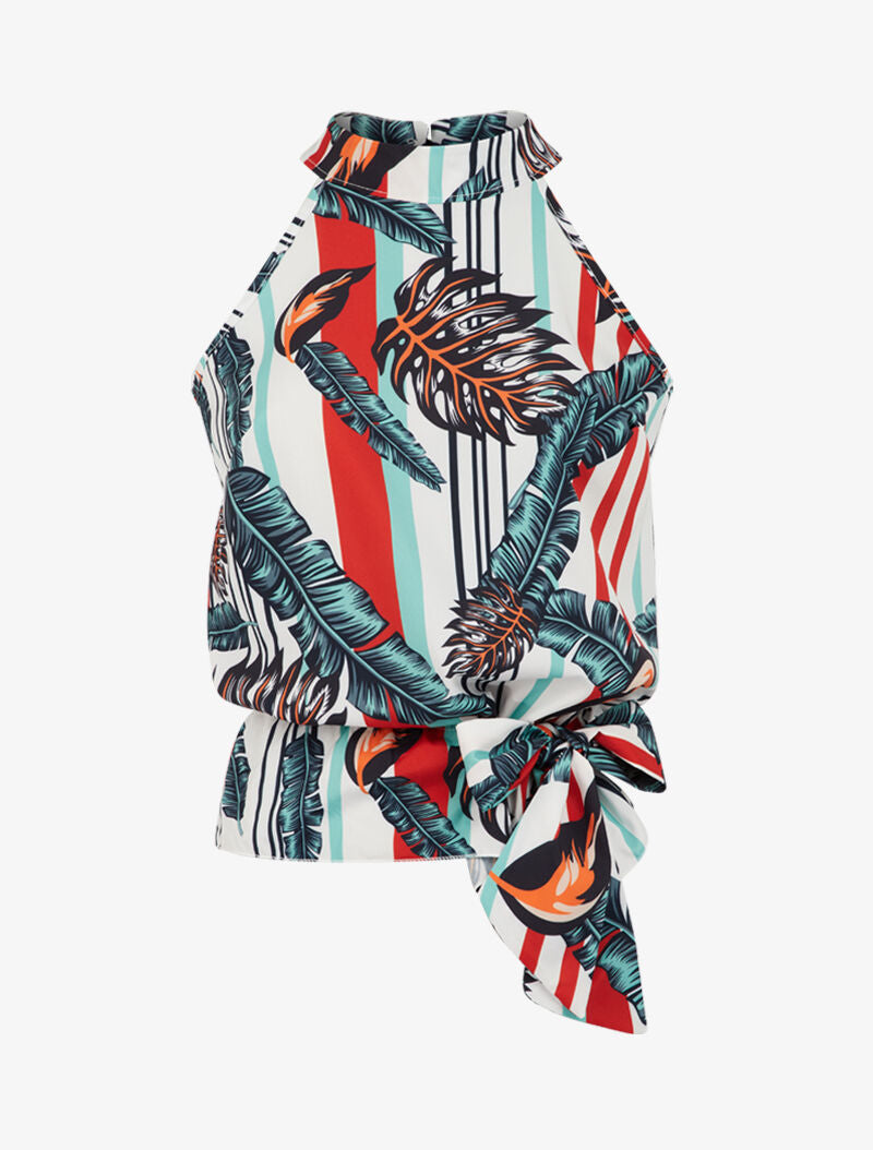 Blouse imprimé feuilles et rayures à taille à nouer - rouge - 1