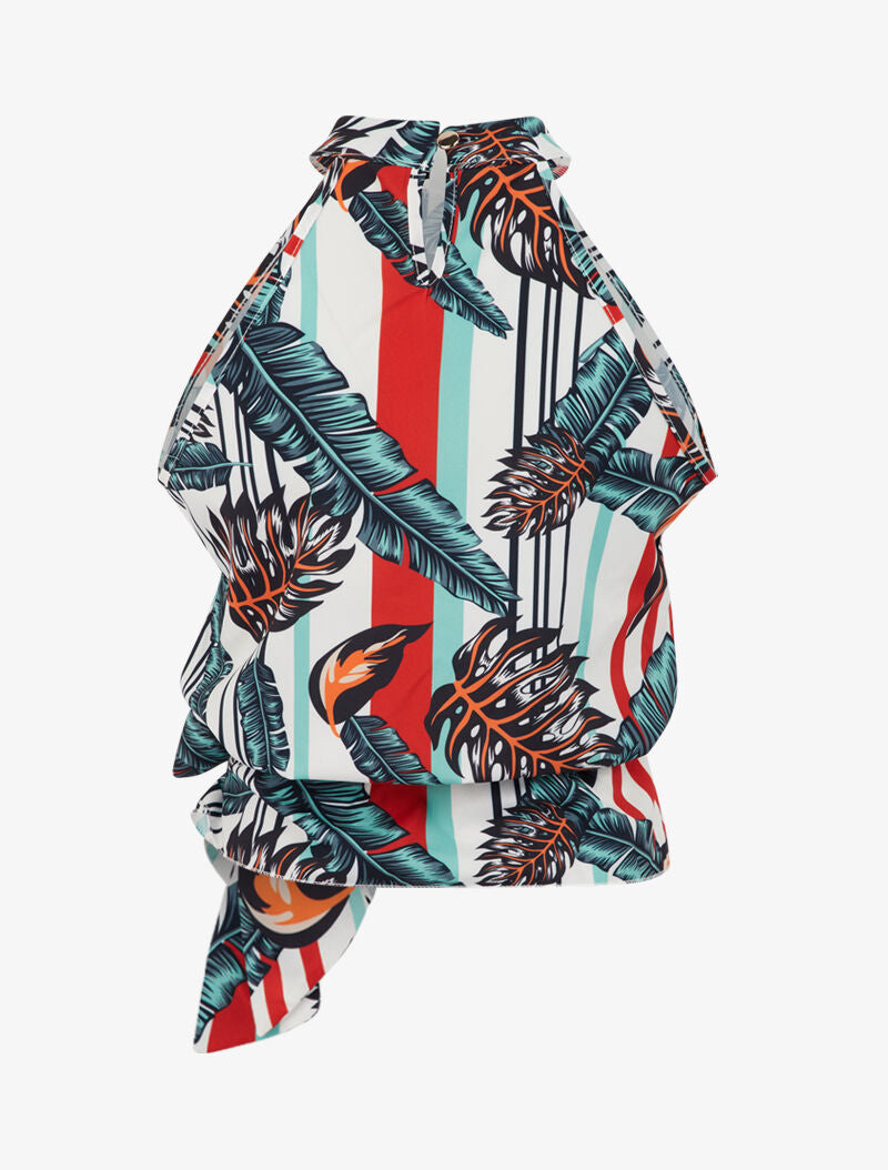 Blouse imprimé feuilles et rayures à taille à nouer - rouge - 2