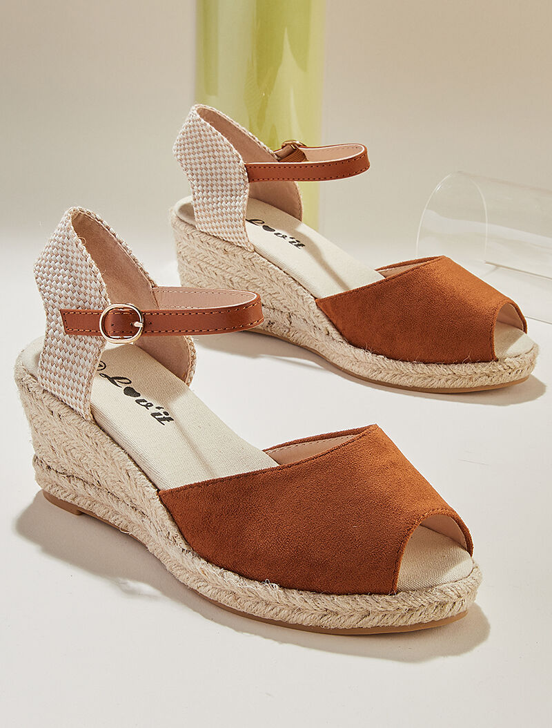 Compensées en raphia à contrefort style damier - camel - 5