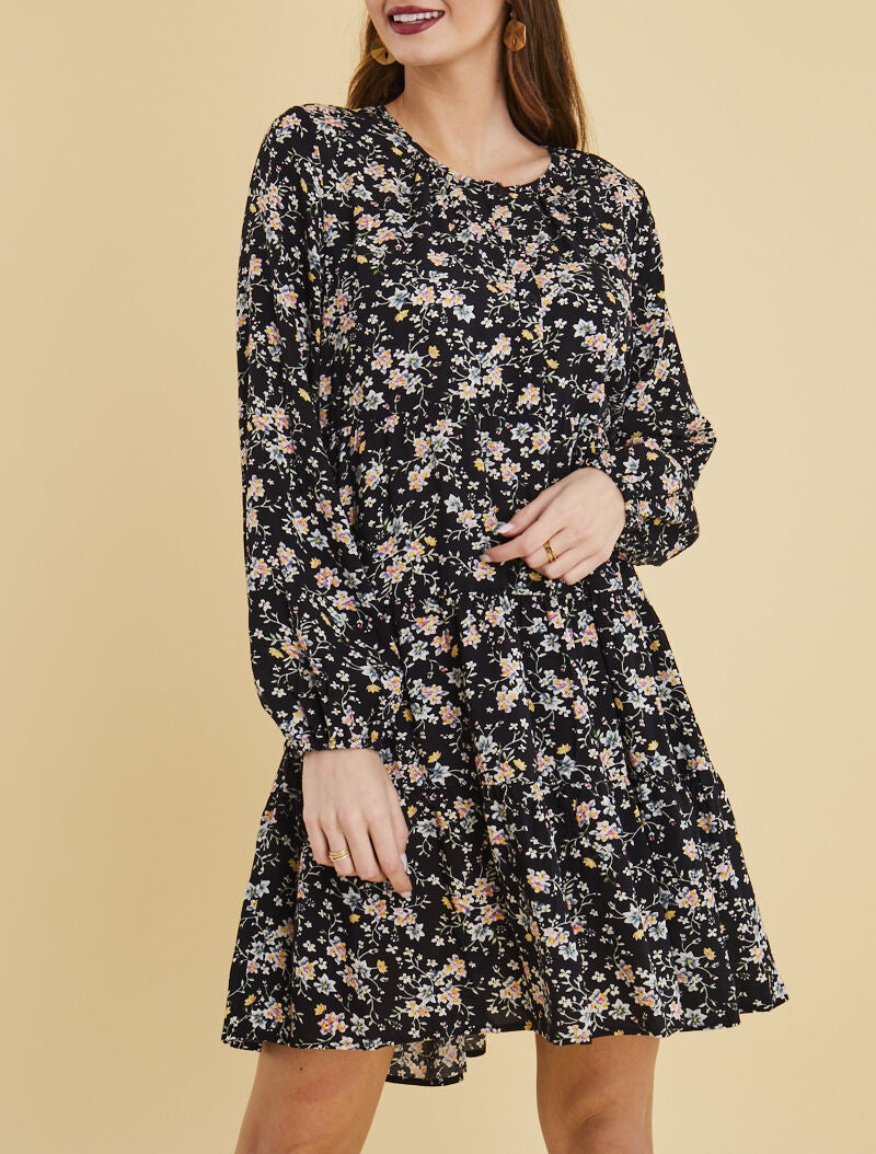 Robe trapèze à imprimé floral - noir - 1
