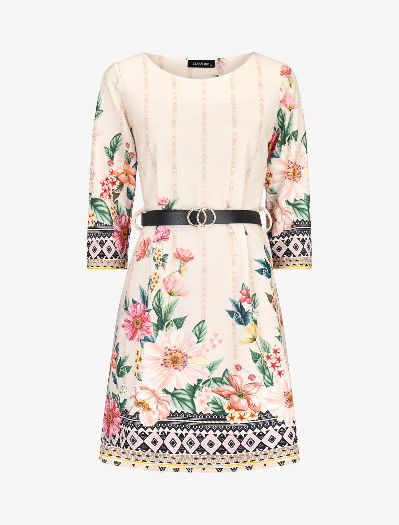 Robe droite à imprimé divers - beige - 3