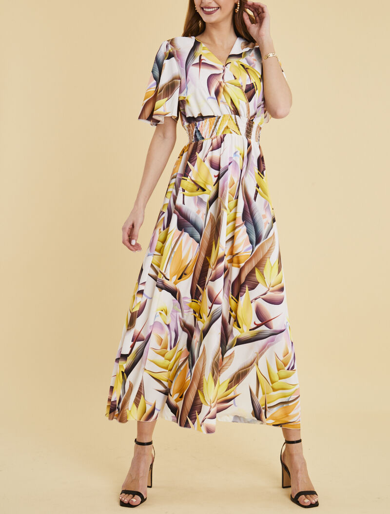 Robe longue cintrée imprimé feuilles - jaune - 1