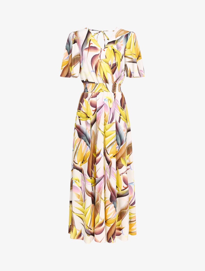Robe longue cintrée imprimé feuilles - jaune - 2