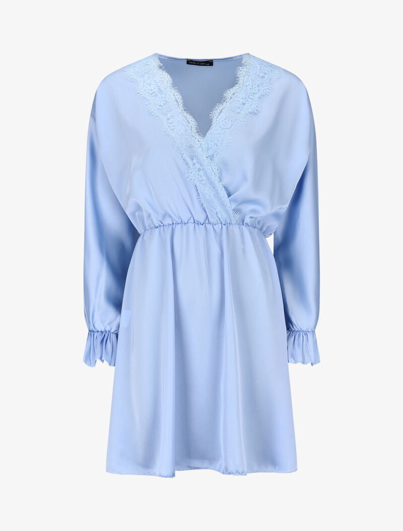 Robe satinée à décolleté dentelle - bleu ciel - 2