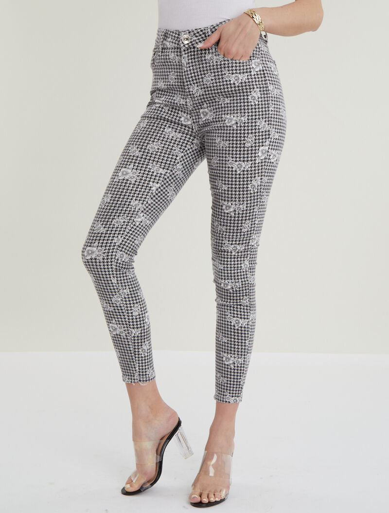 Jean 7/8 met pied-de-poule print en bloemen - zwart