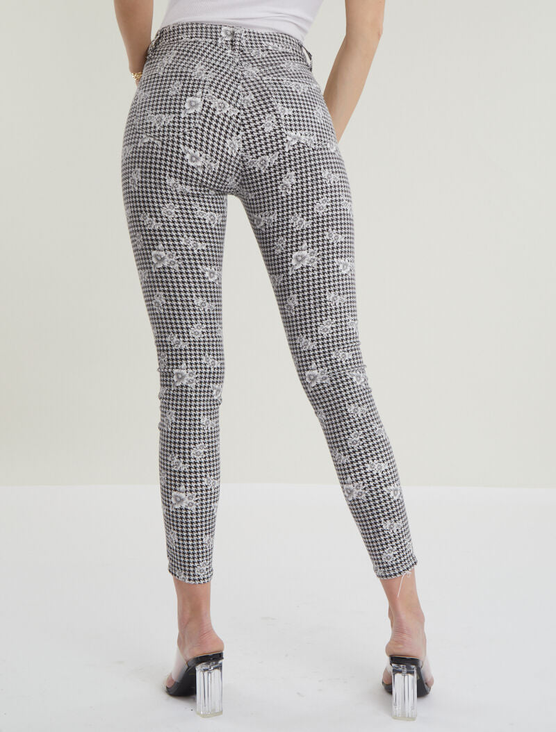 Jean 7/8 met pied-de-poule print en bloemen - zwart