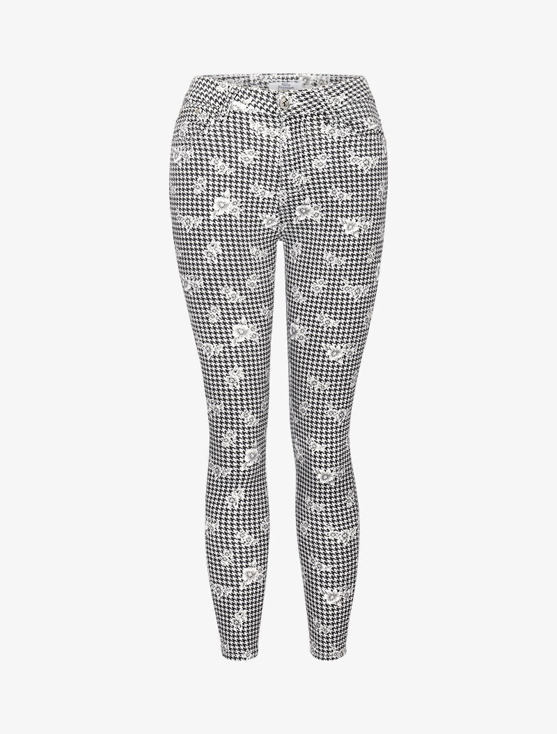Jean 7/8 met pied-de-poule print en bloemen - zwart