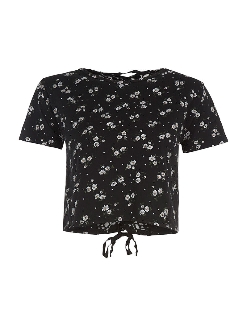 Crop-top fleuri dos dentelle - noir - 1