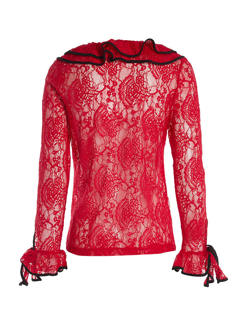 Top en dentelle col volanté - rouge - 2
