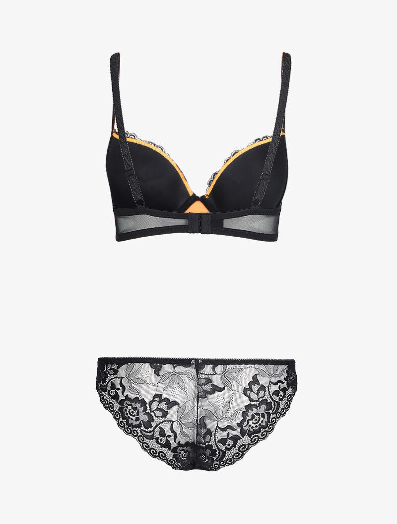 Ensemble à dentelle et résille fleurie - Noir/orange - 2