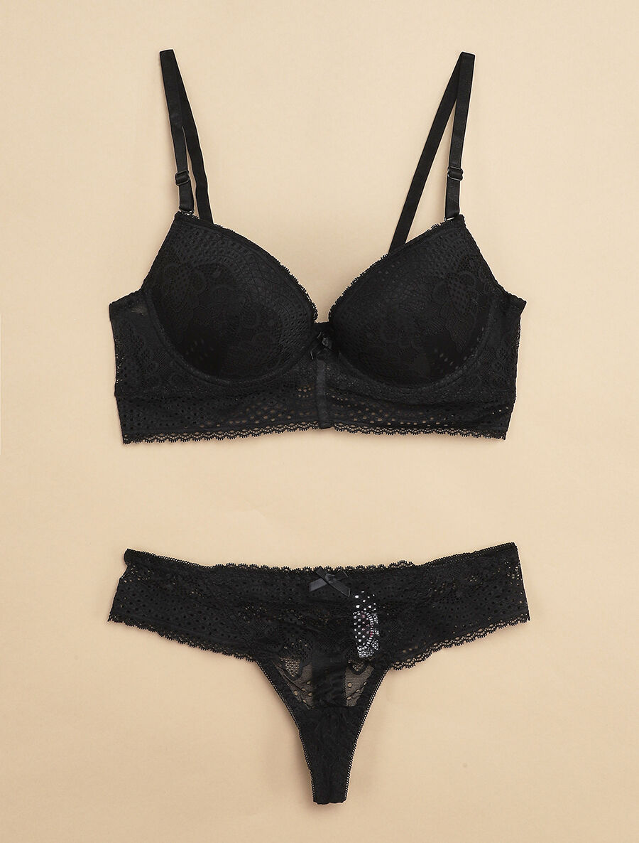 Ensemble à bord large en dentelle piquetée et tanga - Noir - 1