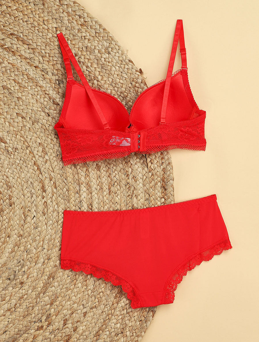 Ensemble à fine broderie fleurie et shorty - Rouge - 2