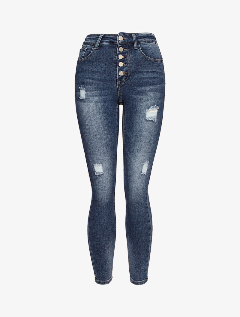 Jean skinny boutonné à taille haute et déchirures - Bleu denim - 1