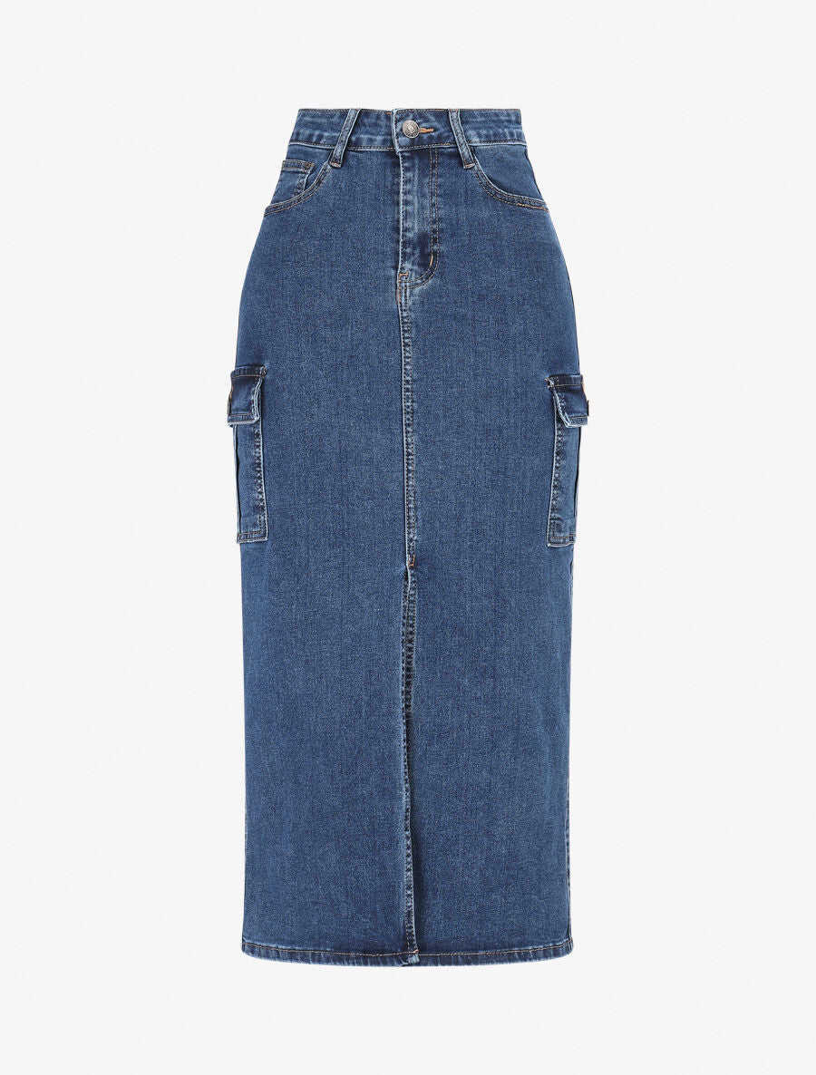 Jupe cargo fendue en jean - Bleu - 1