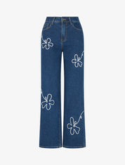 Jean à détail fleurs brodées coupe ample - Bleu - 1