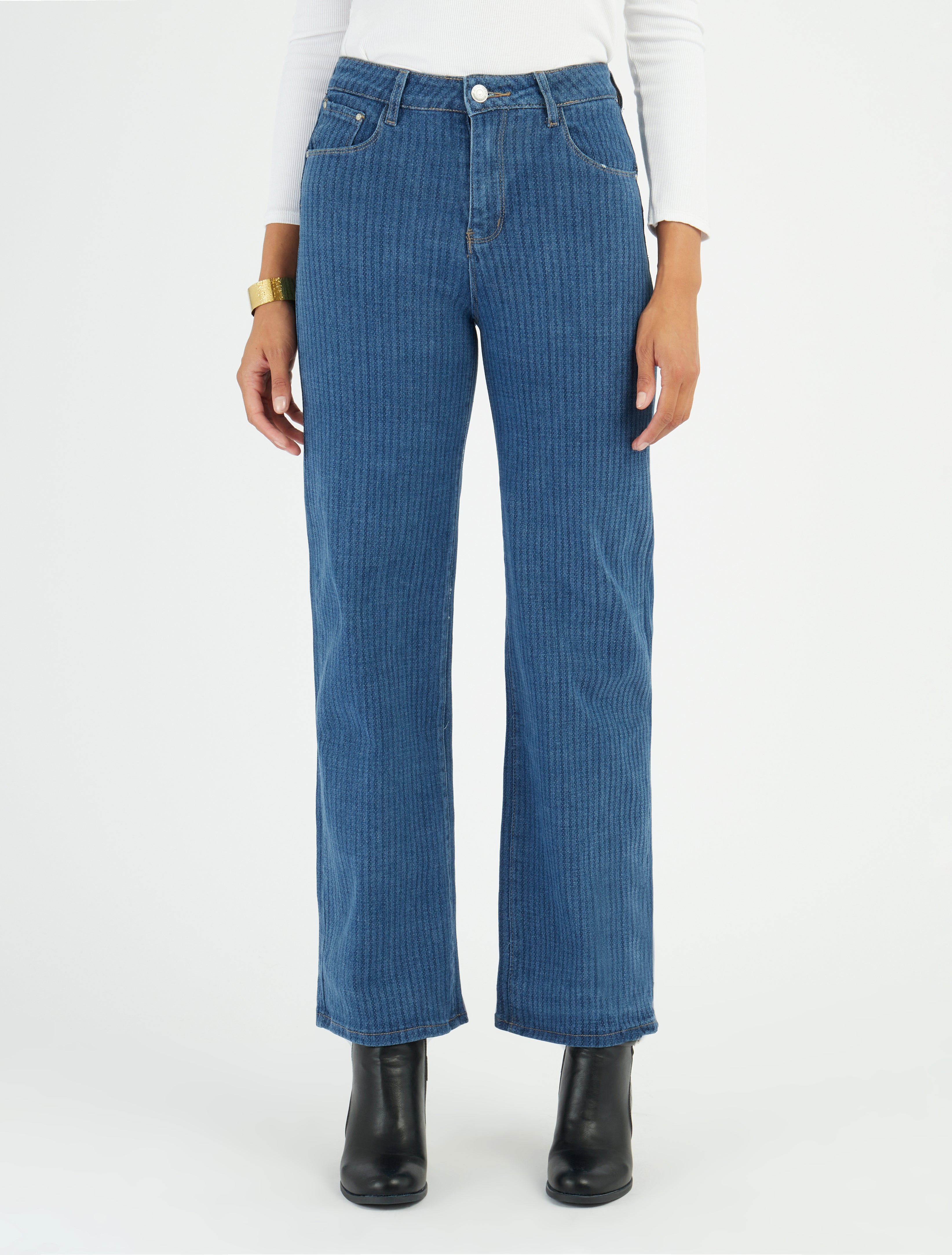 Jean met wijde pijpen, streepprint, rechte snit - Blauw